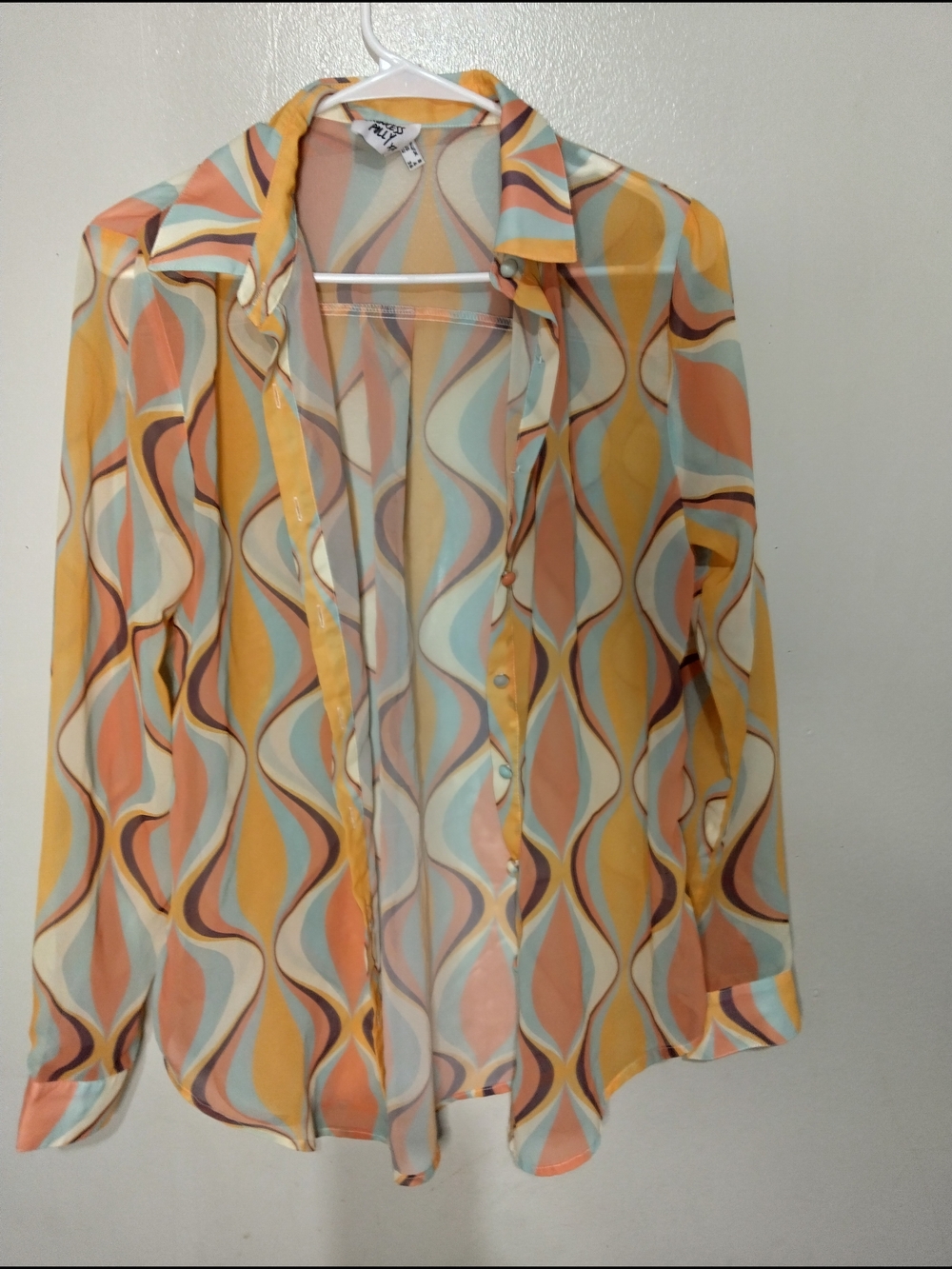Princess Polly Sheer Retro Wave Button-Down Shirt - Yellow, Peach, Mint